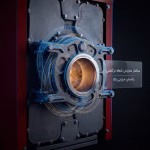 نمای بسته دهانه مشعل و اینفوگرافیک مسیر احتراق سه‌پاس شعله برگشتی دیگ چدنی سوپرهیت شوفاژکار در استودیو با نور آبی مهندسی