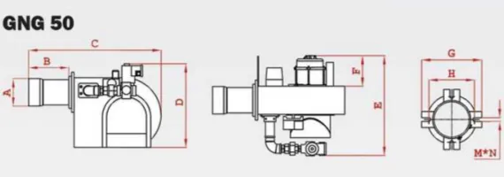 راهنمای ابعاد مشعل گازی gng50
