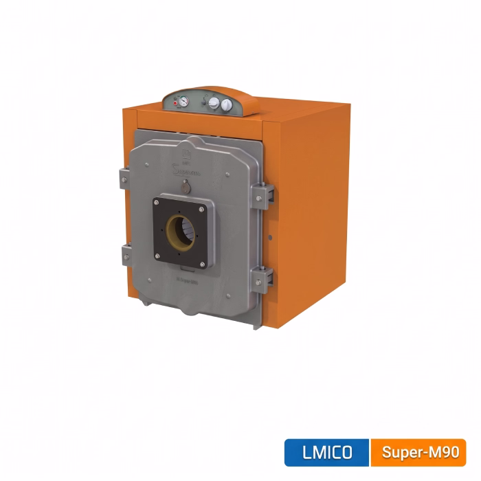 lmico-super-m90-cast-iron-boiler تصویر با کیفیت بسیار بالا و رندر شده از دیگ چدنی سوپر ام ۹۰ برند المیکو با بدنه نارنجی و درب چدنی جلویی روی پسزمینه سفید، حفظ کامل جزئیات نسخه اصلی.