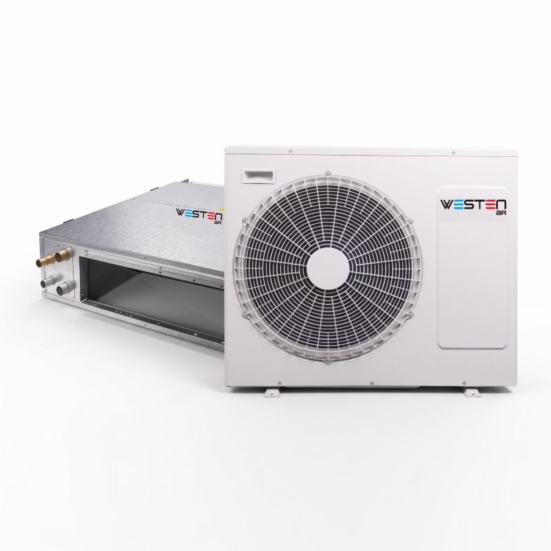 westen-air-three-phase-ducted-split تصویر شاخص باکیفیت از داکت اسپلیت سه فاز وستن ایر شامل یونیت خارجی با فن بزرگ و یونیت داخلی هواساز با بدنه فلزی ضدزنگ در پسزمینه سفید خالص استودیویی