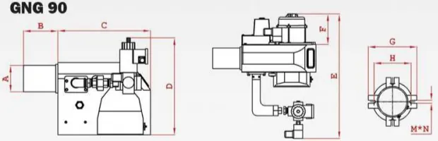 راهنمای ابعاد مشعل گازی GNG90