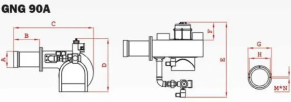 راهنمای ابعاد مشعل گازی GNG90A