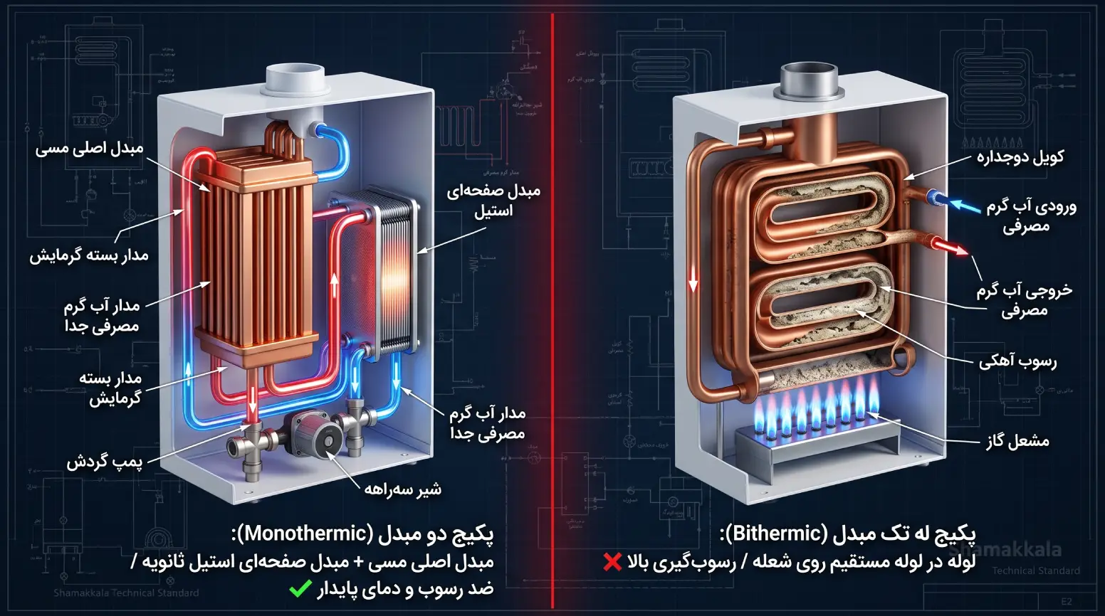 اینفوگرافیک مقایسه ساختار داخلی پکیج تک مبدل بی‌ترمیک با پکیج دو مبدل مونوترمیک دارای مبدل صفحه‌ای ضد رسوب