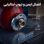 نمای درشت اینفوگرافیک از نقطه اتصال فلنج استیل ۱ اینچ و تیوپ SEFA ایتالیایی در زیر منبع تحت فشار ۱۰۰ لیتری HTM با نورپردازی آبی فنی و برچسب‌های فارسی.