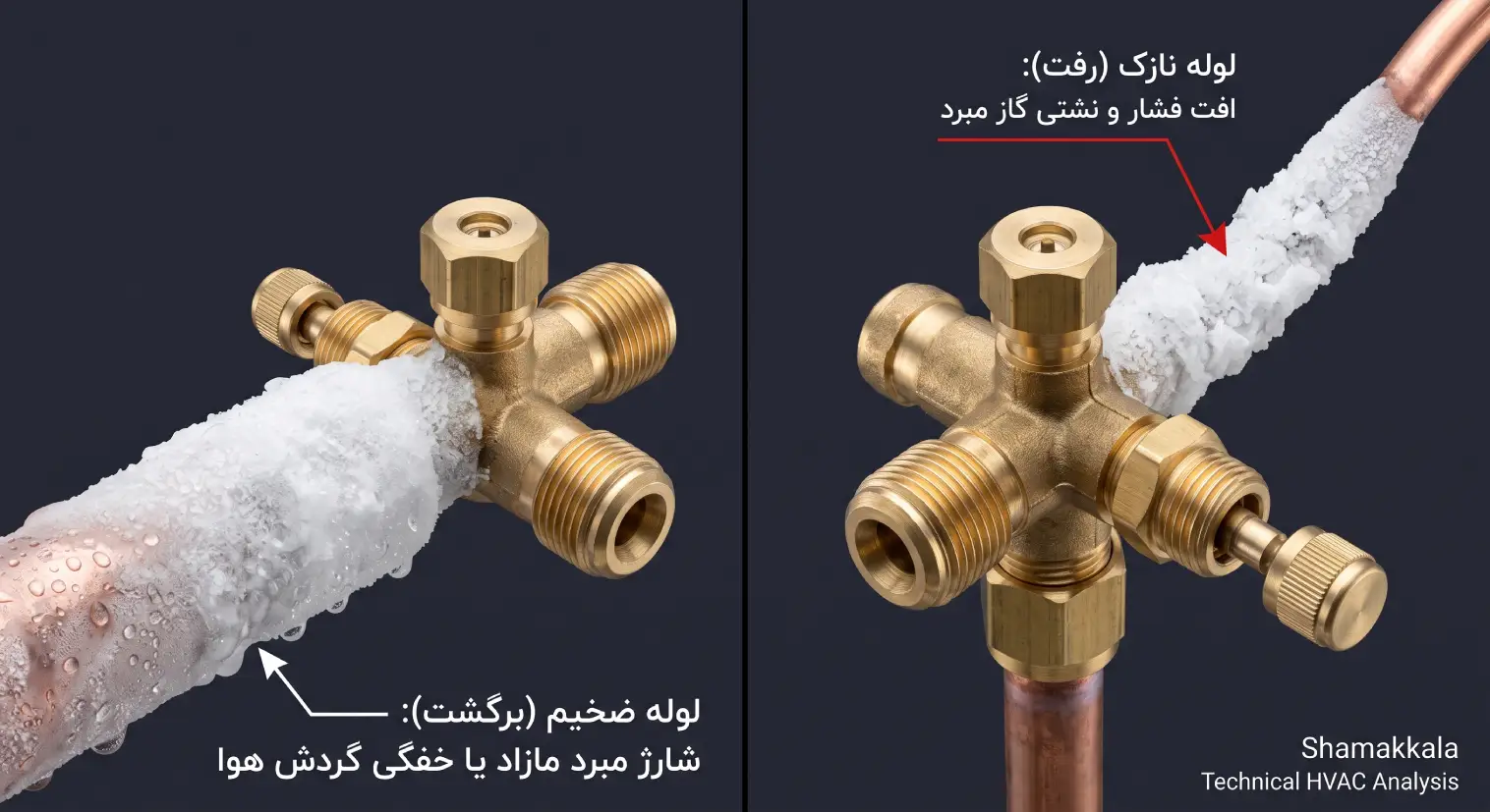 مقایسه یخ زدگی لوله نازک رفت و لوله ضخیم برگشت کولر گازی بر اثر نشت یا گاز مازاد