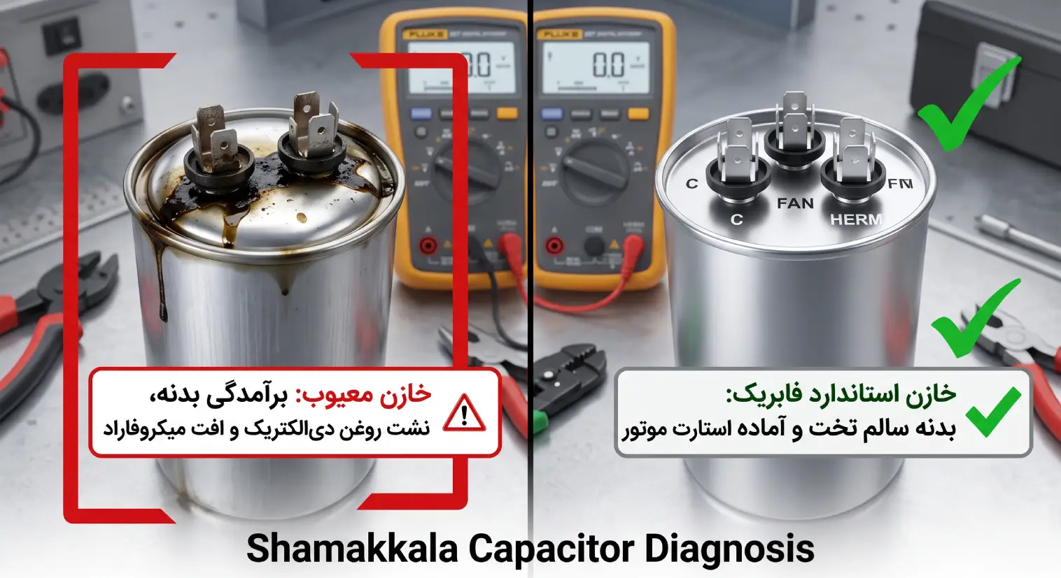 خازن باد کرده و سوخته کمپرسور کولر گازی در کنار خازن سالم دوگانه شمعک کالا