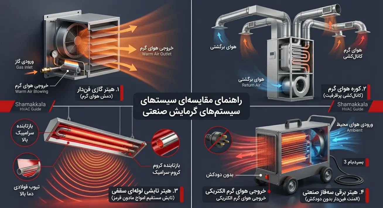 بررسی مصرف گاز، برق و راندمان انواع هیترهای صنعتی